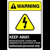 Sign warning keep away electrical hazards contact with equipment can cause shock or death authorized